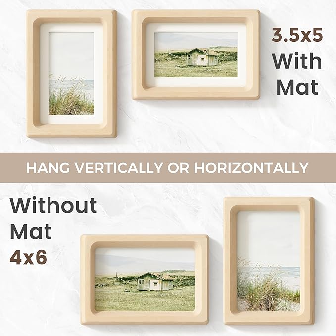 4x6 Picture Frame, USA-Sourced Natural Maple Wood Photo Frame with Tempered Glass, Handcrafted Rounded Corner 4 x 6 Wooden Frame Matted to 3.5x5 Photos, Wall or Tabletop Display