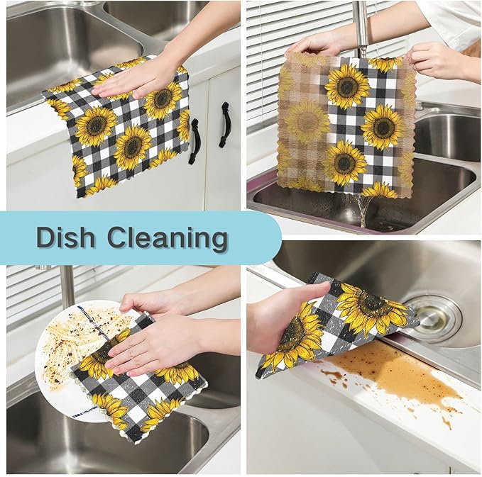 CaTaKu Black and White Plaid Sunflower Kitchen Dish Cloths for Washing Dishes Reusable Cleaning Cloth Dish Towels Microfiber Washcloths Dish Rags for Kitchen, 6 Pack