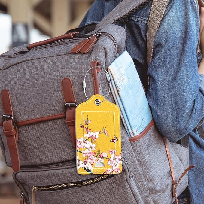 Luggage Tags for Suitcase, 2 Pack PU Leather Travel Cruise Luggage Tag with Privacy Flap, Name ID Label and Metal Loop for Women Men Girls Suitcase Baggage Bag Backpack, Peach Blossom