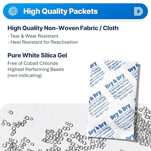 Dry & Dry 30 Gram [600 Packet] Silica Gel Packets Desiccants, Silica Gel Packs - Rechargeable Silica Packets, Silica Gel, Desiccant Packs for Food Storage