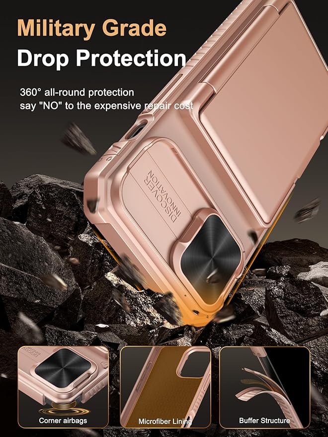 Vihibii for iPhone 15/14/13 Case with Card Holder (4 Cards), [RFID Blocking] & Slide Lens Camera Cover, Military Grade Drop Protection, Rugged Heavy Duty Wallet Case, Rose Gold