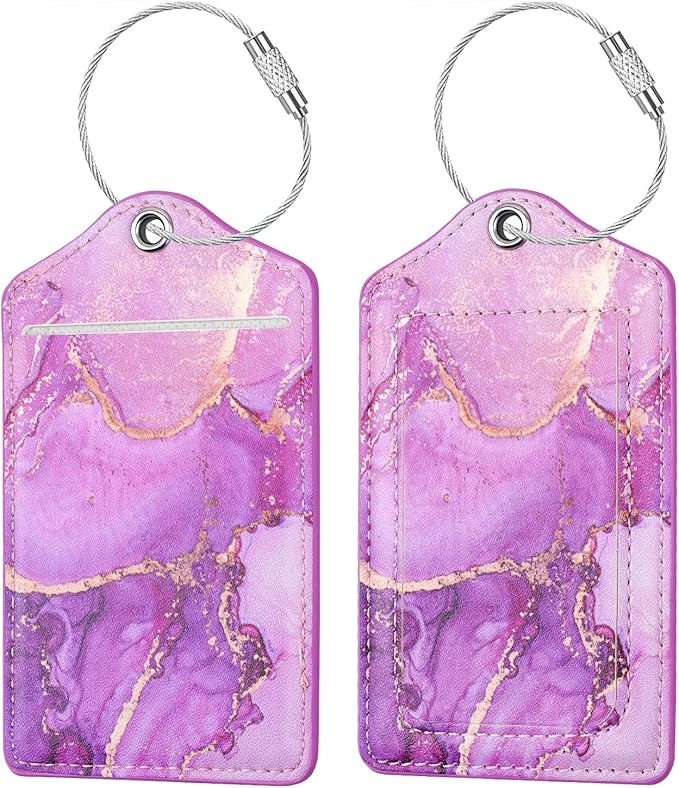 (Set of 2) Luggage Tag Leather Privacy Cover ID Label Address Card with Stainless Steel Loop, Travel Bag Tags Suitcase Labels,Purple Marble