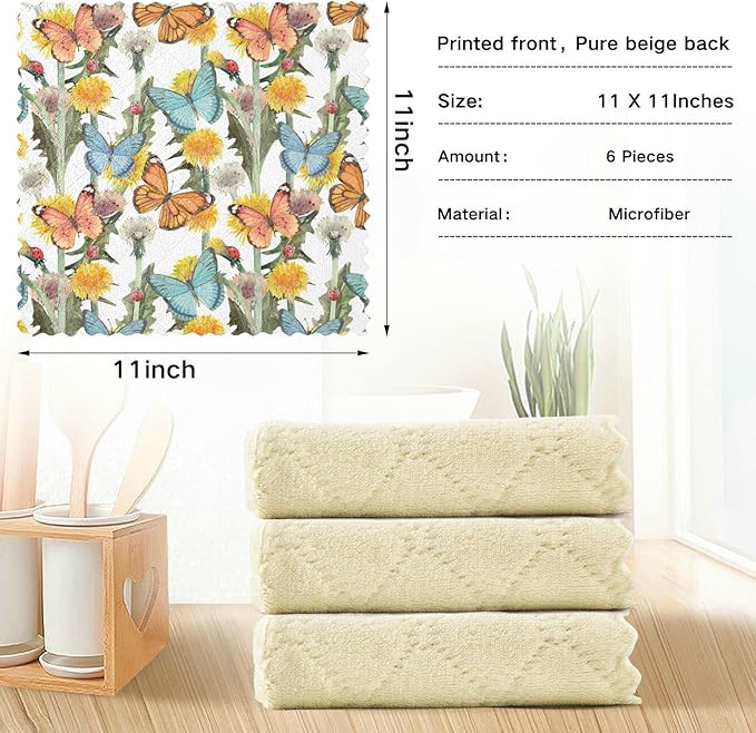 CaTaKu Wild Flower Butterfly Kitchen Towel Set of 6 Reusable Cleaning Cloths Bar Hand Towel Dishcloths