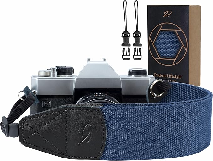 Padwa Lifestyle Blue Camera Strap - 2" Wide Genuine Leather Ends Camera Straps for Photographers, Vintage Cotton Woven Strap with Camera Quick Release Clips fits All Cameras and Binoculars
