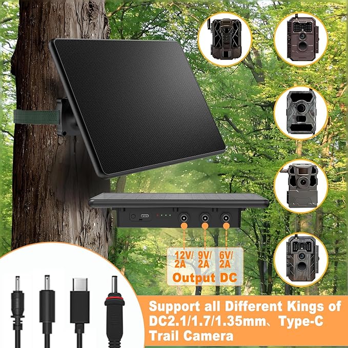 Trail Camera Solar Panel,6W Solar Battery Charger Kit 6V/2A 9V/2A 12V/2A with 8000mAh Battery for Hunting Camera,IP65 Waterproof Hunting Accessory,1.7/2.1/1.35mm DC &USB-C Connectors for Trail Cam