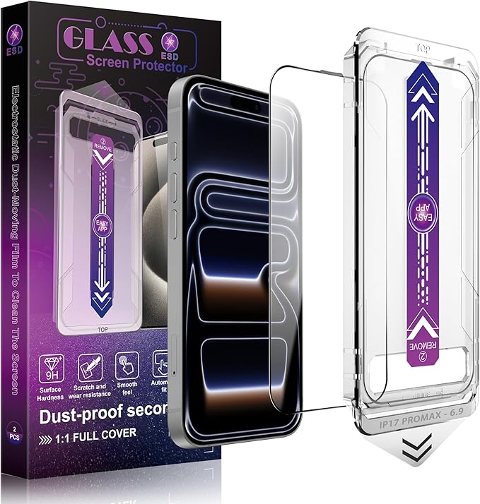CHRYSHA Screen Protector for iPhone 17 Pro Max 6.9-Inch, 2 Pack, 9H Tempered Glass, HD Clear, Full Cover, Anti-Fingerprint, Easy Installation