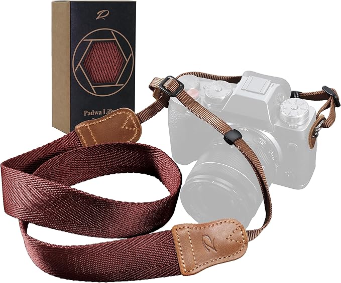Padwa Lifestyle Burgundy Red Camera Strap -1.5" Wide Crazy Horse Cowhide Ends Camera Straps for All DSLR Cameras,Universal Adjustable Pure Cotton Woven Shoulder Neck Strap,Great Gift for Photographers