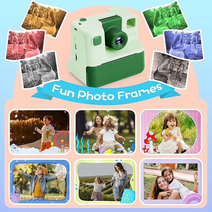 Kids Camera Instant Print, Christmas Birthday Gifts for Girl Boys 3-12 Years Old, FHD Selfie Digital Video Cameras Toddler 3 Rolls Print Paper & 32G Card (Retro, Green-White)