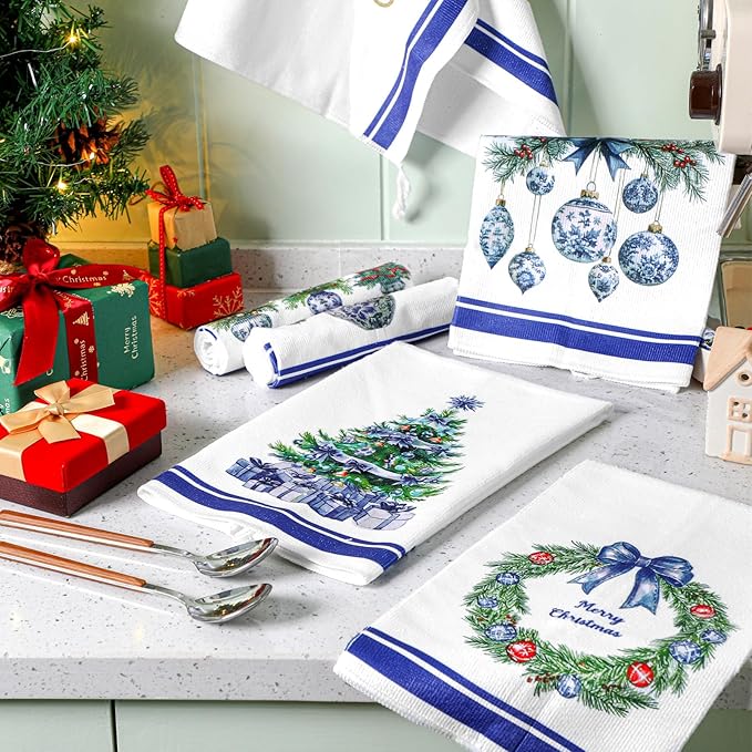 Preboun 6 Pcs Christmas Kitchen Towels Chinoiserie Decorative Hand Towels Blue and White Christmas Ball Dish Cloth Farmhouse Tea Cloth Kitchen Accessories Bathroom Decor