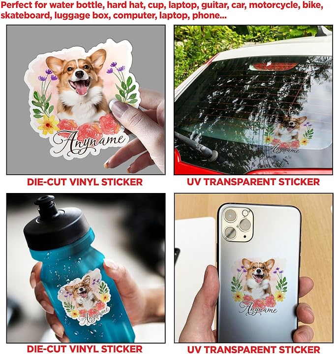 Custom Dog Cat Photo Sticker Personalized Flower Pet Name Portrait Face Photos Waterproof Die-Cut Vinyl Stickers for Laptop, Water Bottle, Scrapbook, Luggage, Funny Cute Aesthetic Decor Gifts