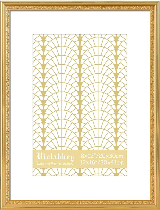 VIOLABBEY 12x16 Gold Picture Frame, Display 8x12 Photo with Mat or 12x16 without Mat, Ornate Vintage 12 x 16 Gold Frame for Wall Decor or Tabletop Display