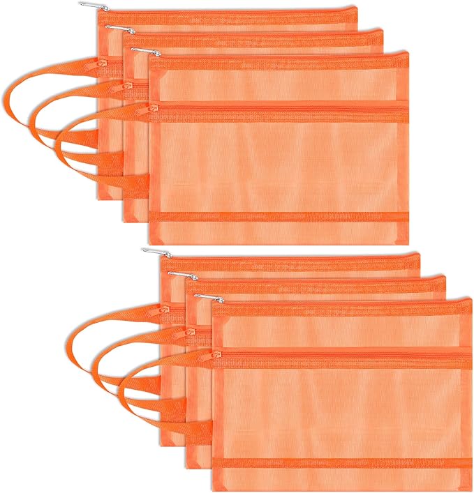 Fassave 6 Pack Mesh Zipper Pouch Bags, Double Layer Nylon Pouch with Handle for Office Travel Organization (Orange, A5)