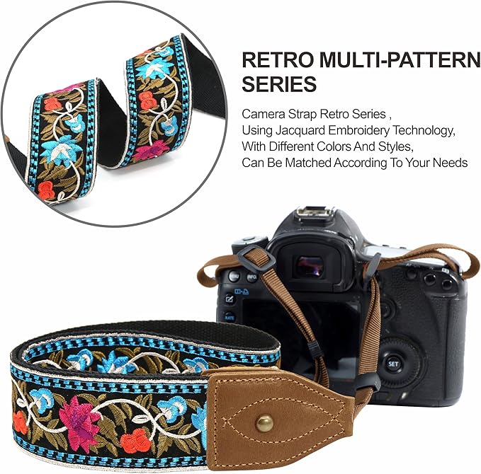 Padwa Lifestyle Camera Strap - 2" Wide Classic Vintage Crazy Horse Arts Cowhide Head Cotton Embroidered Universal Neck Shoulder & Crossbody Camera Straps for Photographers Gift and All DSLR Cameras