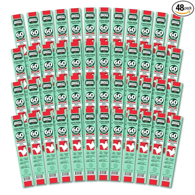 Mighty Spark Chicken Snack Sticks - Nashville Hot - 6g of Protein, No Antibiotics, No Hormones, Gluten Free, Soy Free Meat Sticks - High Protein Keto Snacks, Weight Watchers Approved - 48 Count