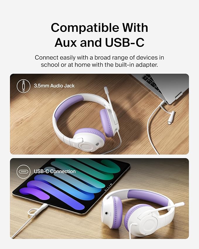 Belkin SoundForm Inspire Wired Over-Ear Headset for Kids, Online Learning & Travel w/Built-in Boom Mic, 85dB Safe Volume Limit - USB-C & 3.5mm - Compatible w/iPhone, iPad, Galaxy & More - Lavender