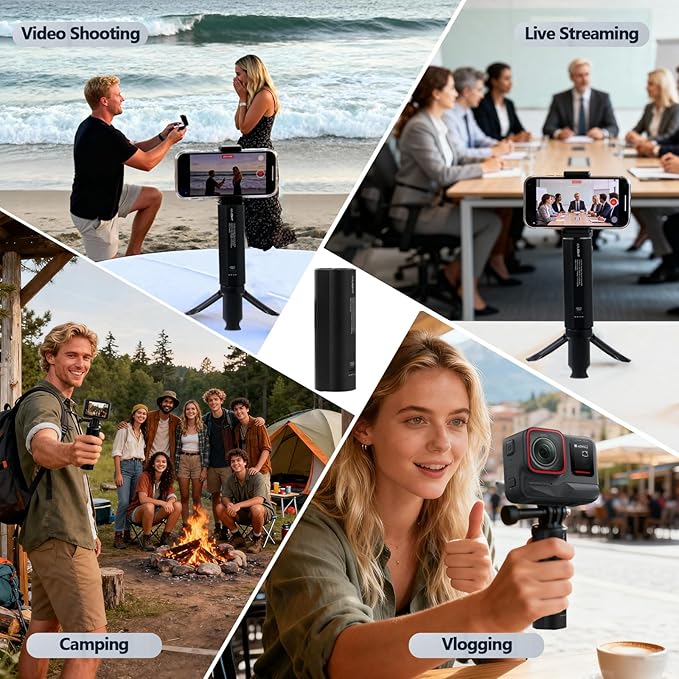 Ailight Battery Handle Grip, 5000mAh Extended Power with 20W PD Charging, Portable Charger Tripod Vlog Accessory with 1/4" Screw for GoPro Hero 13/12/11/10/9 & Insta360 DJI Action 6/5 Camera - Black