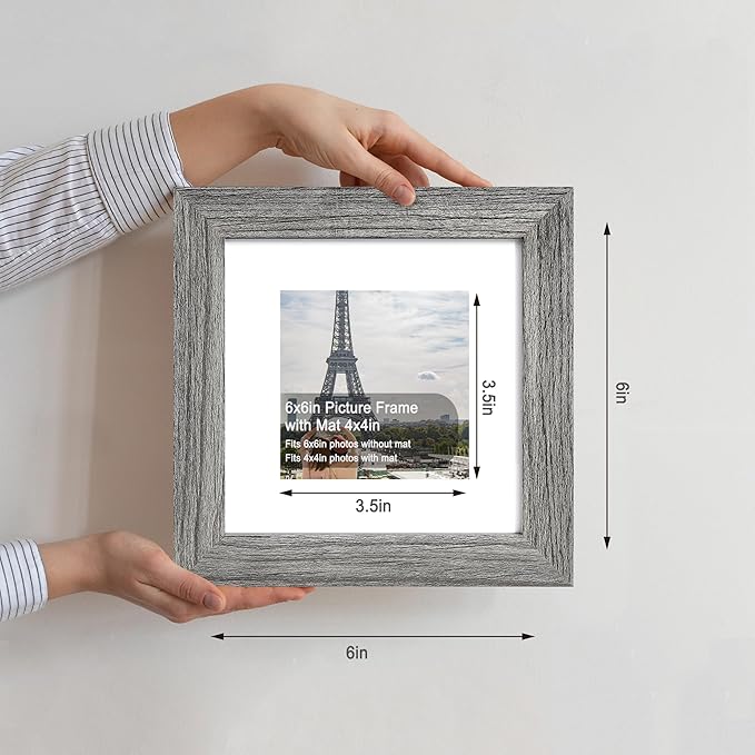 6x6 Picture Frame Set of 4, Made of Glass and Grey Wooden Frame - Display Picture 4x4 with Mat or 6 x 6 Without Mat, 6x6 Photo for Wall or Tabletop