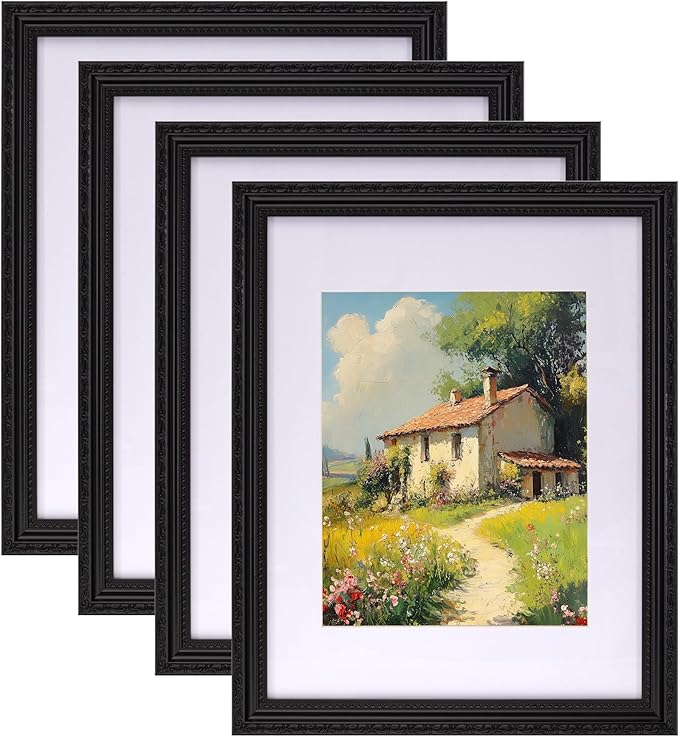 eletecpro 11x14 Picture Frames Set of 4, Vintage Frame with Glass Cover, Gothic Black Photo Frames 11 x 14 Display 8x10 Photo with Mat or 11x14 without Mat for Tabletop or Wall Decor, Black