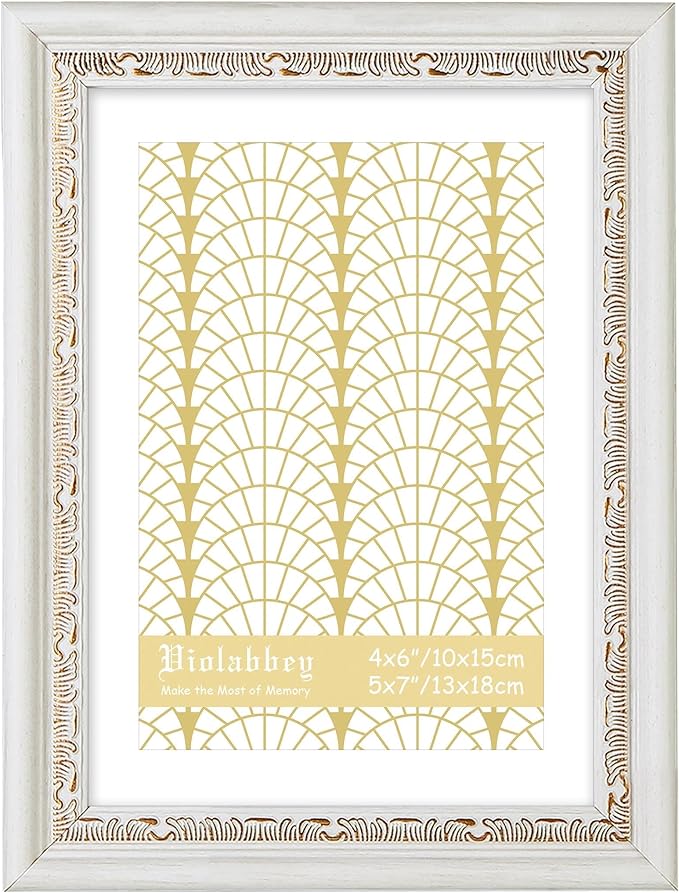 VIOLABBEY 5x7 White Gold Picture Frame, Display 4x6 Photo with Mat or 5x7 without Mat, Ornate Vintage 5 x 7 White Gold Frame for Wall Decor or Tabletop Display