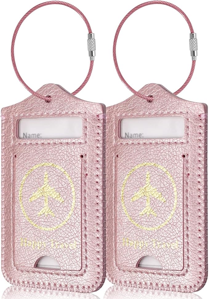 ACdream Luggage Tags 2 Pack, Leather Suitcase Tags Identifiers, Cute Cruise ID Labels with Privacy Cover fits on Backpack, Travel Bag, for Women, Men, Adults, Kids, Rose Gold