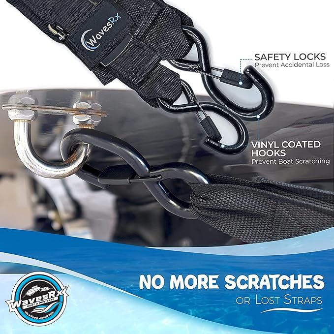 WavesRx Premium Boat & Jet Ski Trailer Transom Straps - Marine Tie Downs - Adjustable via Quick Release Buckle - Must Have Boating Accessories for Safe and Secure Transportation of Your Watercraft