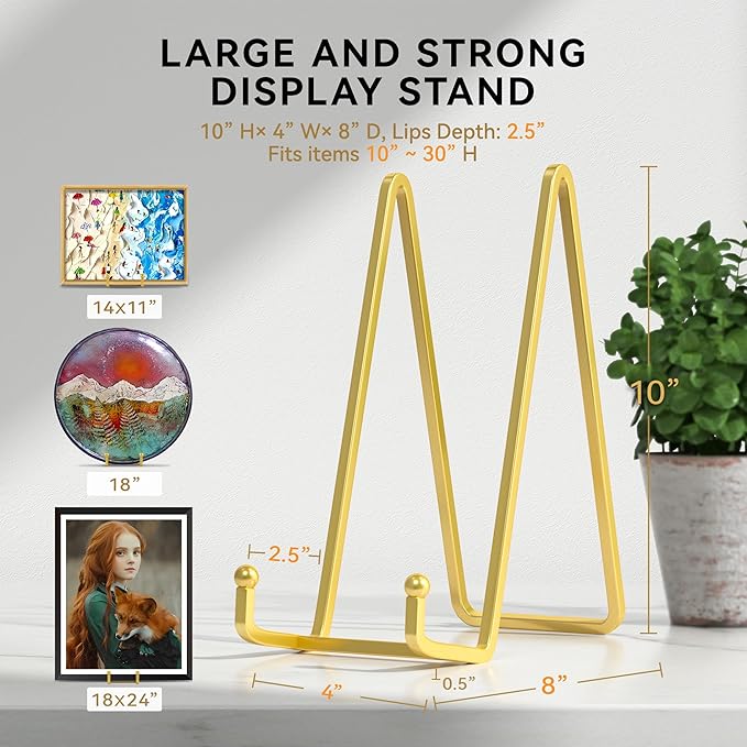 10 Inch Large Plate Stands for Display - Metal Plate Holder Display Stand + Picture Stand for Book, Platter, Plaque, Photo Frame, Small Easels for Tabletop Art(Gold 2 Pack)
