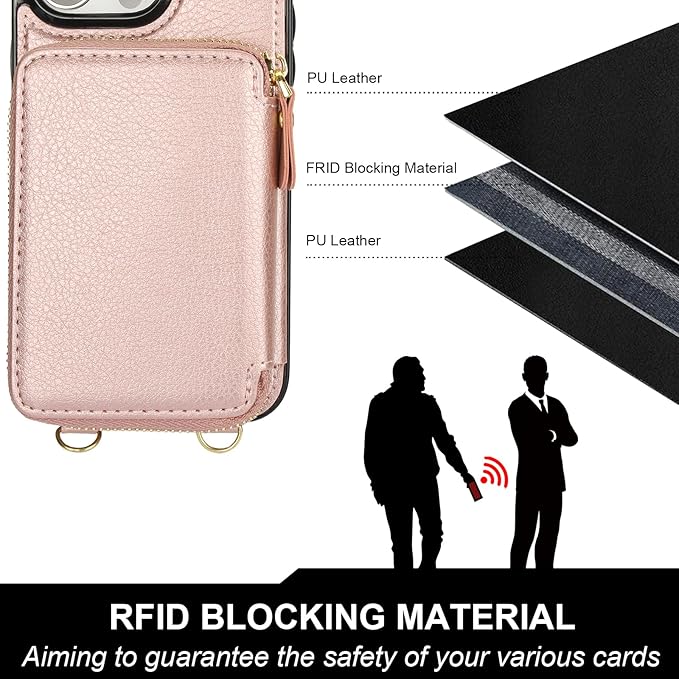 Bocasal for MagSafe Crossbody Wallet Case Compatible with iPhone 15 Pro Max, RFID Blocking Protective Purse Case with Card Slots Holder Kickstand Wrist Strap Lanyard Zipper 6.7 Inch 5G (Rose Gold)