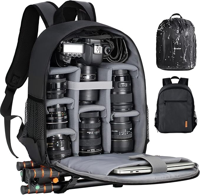 TARION Camera Backpack Bag Small - Professional DSLR Photography Case with 13 inch Laptop Compartment & Waterproof Rain Cover & Bottom Tripod Holder for Men Women Photographers - Black TB-S