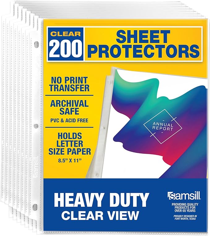 Samsill Heavy Duty Sheet Protectors for 3 Ring Binders, 8.5 x 11 Clear Page Protectors, Plastic Sleeves & Report Covers, Acid Free Archival Safe Document Protectors