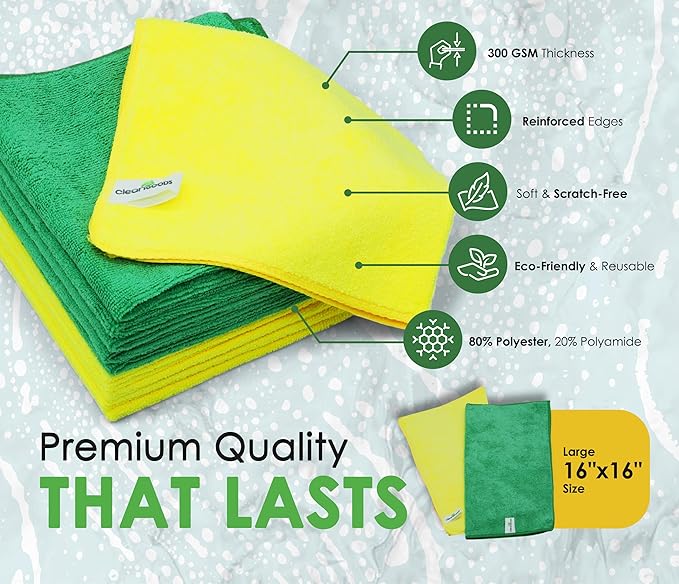 Microfiber Cleaning Cloths 16"x16" - Ultra Absorbent Cleaning Rags for Housekeeping - Reusable Microfiber Towels in Yellow and Green - Detailing Supplies for Kitchen Car Windows 5 Pack