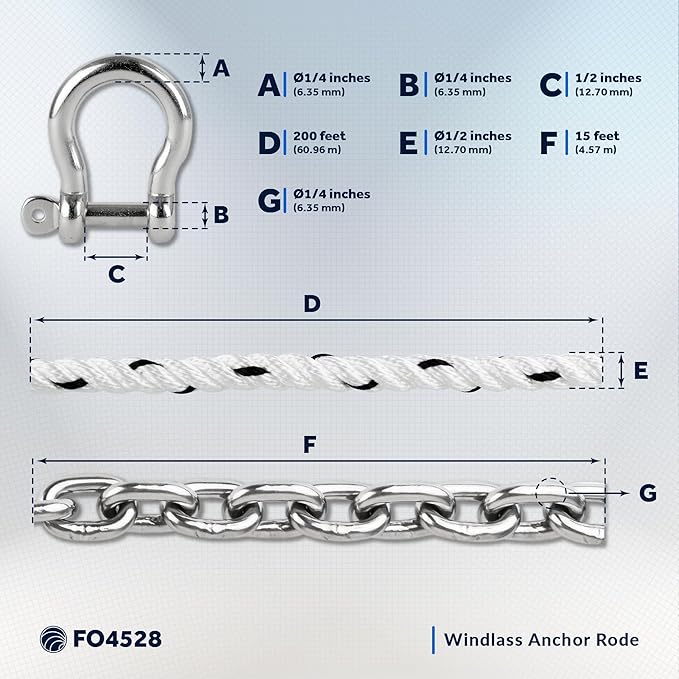 Five Oceans Windlass Anchor Rode, Hand-Spliced Anchor Rope and Chain Combination Kit, Nylon 3-Strand Rope, HT G4 Stainless Steel Chain for Boat Anchor System - Multiple Sizes