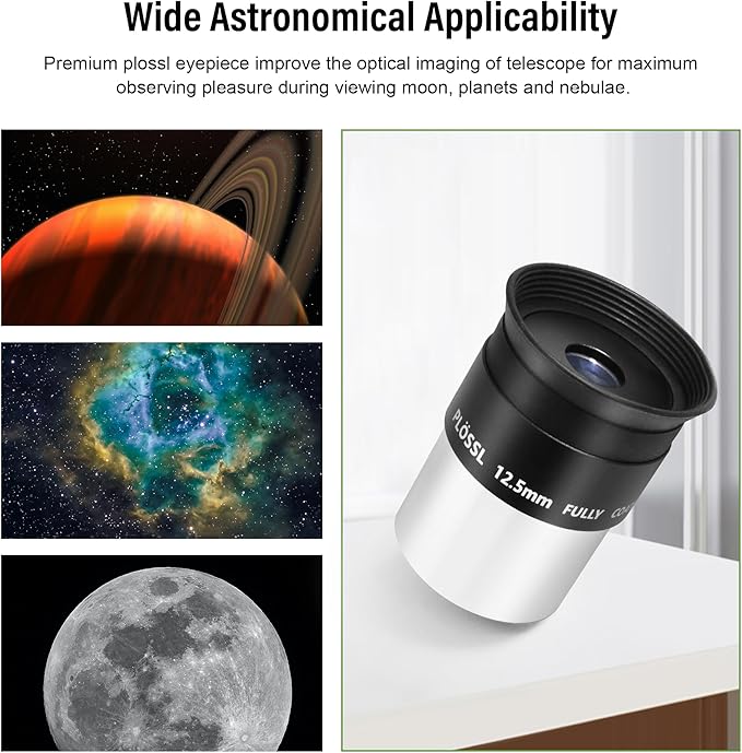 Astromania 12.5mm 1.25 Inch Plossl Telescope Eyepiece - Fully Multi Coated 4-Element Plossl Design Telescope Accessory with Standard 1.25 inch Filter Threaded for Visual Astronomy Observations