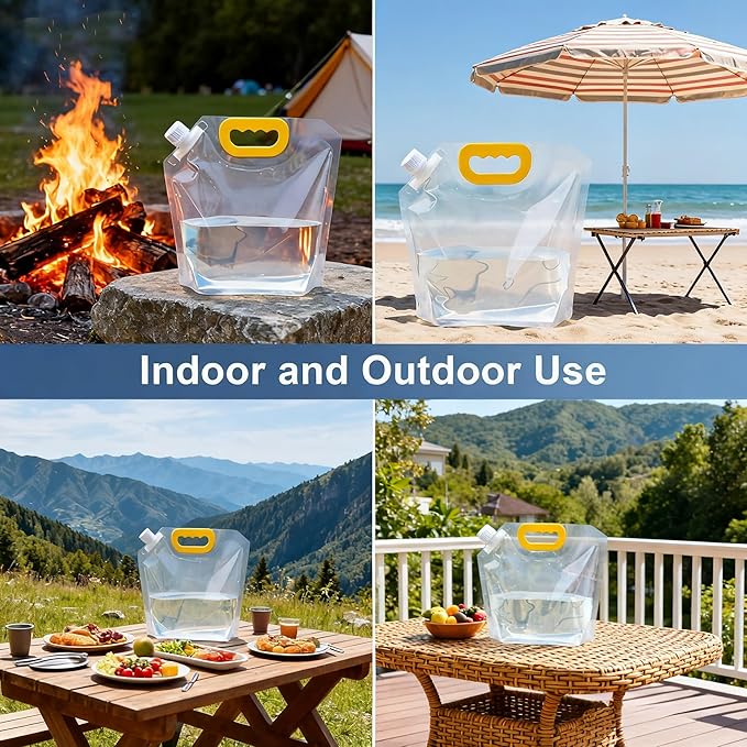 Collapsible Water Container Bag 5Pcs 1.3 Gallon, Freezable Plastic Foldable water Pouch Bag with Handles,Leak-Proof Plastic Storage Jug for Outdoor Sport Camping Emergency Survival