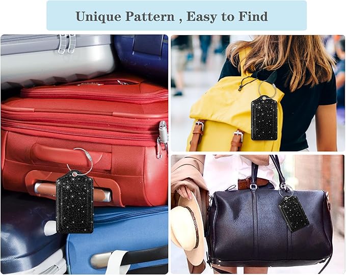 (Set of 2) Luggage Tag Leather Privacy Cover ID Label Address Card with Stainless Steel Loop, Travel Bag Tags Suitcase Labels, Black Glitter