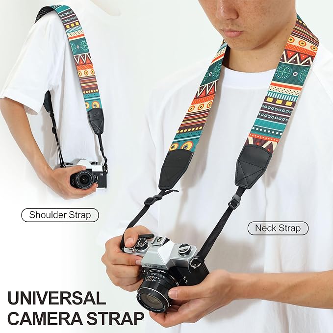 Padwa Lifestyle Bohemian Camera Strap - 2" Wide Genuine Leather Ends Camera Straps for Photographers, Vintage Boho Print Nylon Weave Strap with Camera Quick Release fits All Cameras
