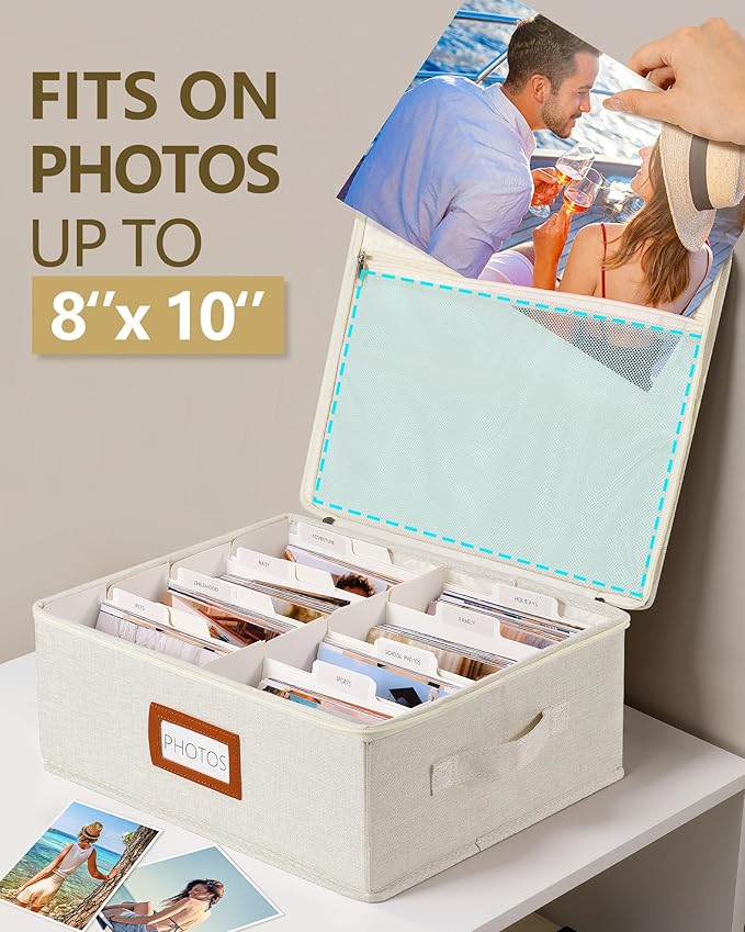 HULISEN Photo Storage Box with Lid & Dividers, Linen Photo Organizer for up to 2000 4x6 Pictures, Keepsake Memory Box with Side Handle for Family, Wedding & Baby Photos, Cards, Scrapbook