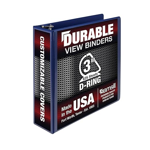 Samsill Durable 3 inch 3 Ring Binder, Made in USA, D Ring Binder, FSC 100% Recycled Chipboard, Blue