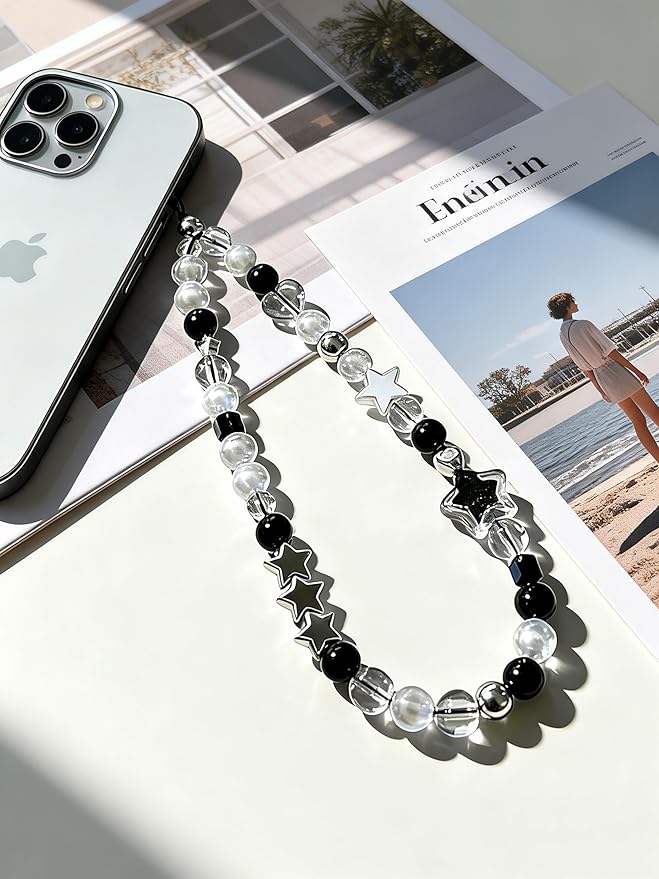 2 Pcs Phone Charm Strap Hand for iPhone Wrist Strap Camera Lanyard Pearl Beaded Cute Chain String Accessories Universal for iPhone 17 Pro Max 16 15 Samsung Women Girls Keychain Silver and Black Star