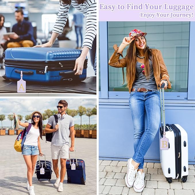 Personalized Initial Luggage Tags for Suitcase, Purple Leather Cute Luggage Tags with Privacy Cover Name Card, Embroidered Custom Monogrammed Luggage Tag Travel Backpack Tags Gifts for Women Kids(G)