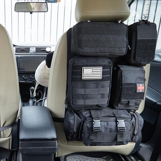 Universal Tactical Car Seat Back Organizer Bag Tactical Molle Vehicle Organizers Panel Gear Accessories with 5 Different Size Molle Pouches for Car Truck Ford Jeep Vehicle (B style-Black)