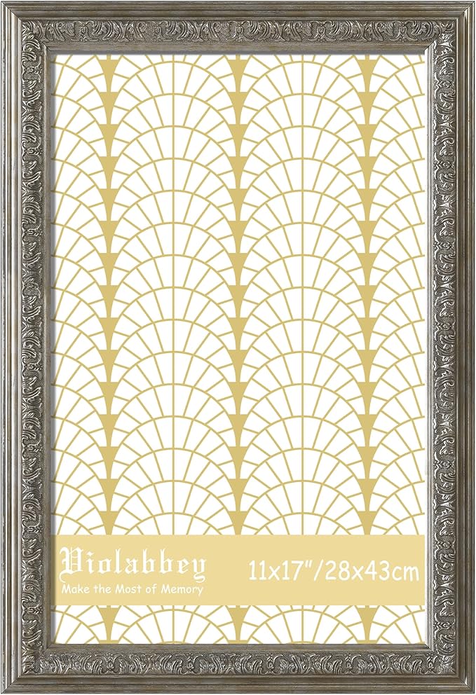 VIOLABBEY 11x17 Picture Frame Sliver, Vintage Photo Frames Ornate without Mat for Wall Hanging