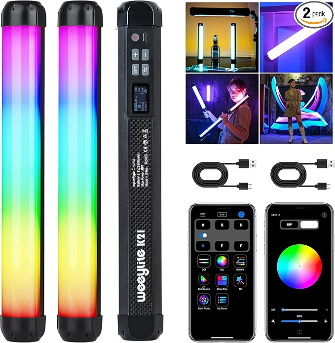weeylite K21 2 Pack Magnetic RGB Tube Light, App Control Handheld RGB LED Video Stick Light Wand for Photography with Type-C Charging CRI 95+ 2500K-8500K LCD Display 3.7V/2500mAh Rechargeable Battery