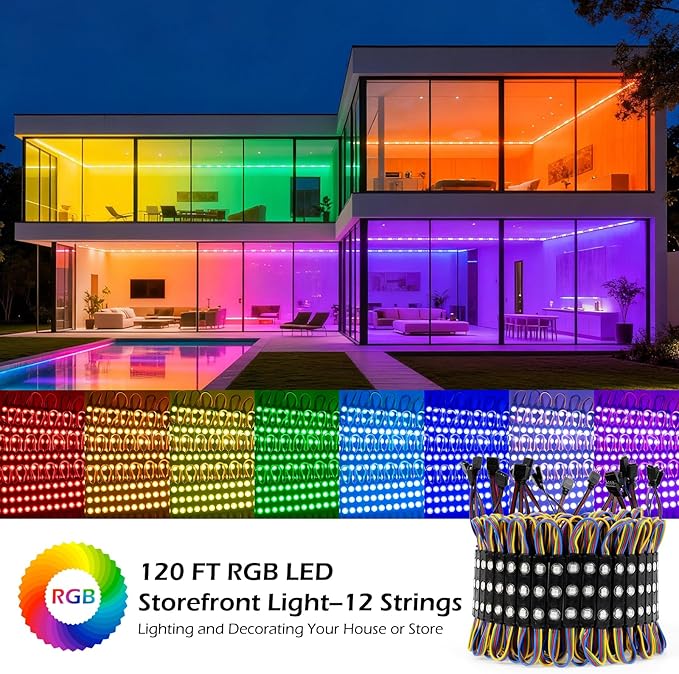 Dyna-Living LED Storefront Lights 120FT Commercial RGB Window Lights for Store Front Decorative 240PCS 3-LED 5050 SMD RGB Module for Signs IP65 Waterproof Strip Light for Business (12 Packs-Black)