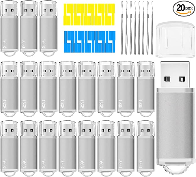 16GB USB Flash Drive 20 Pack Nicepicten Thumb Drives Pack Jump Zip Drive USB 2.0 Flash Drives Mulitipack 16GB Memory Stick with Labels & Lanyards - Silver