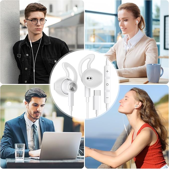USB C Headphones for iPhone 17 Air 16 Pro Max 15, Type C Earphones with Microphone Magnet HiFi Stereo Wired Earbuds for Samsung Galaxy S26 S25 Ultra S24+ 23 A53 S21 S20 FE Flip 7 Fold/Pixel 10, White