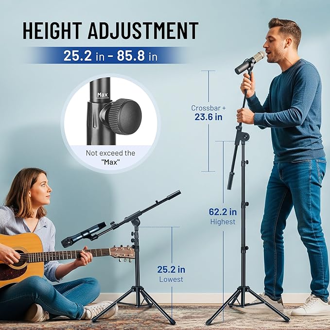 CAHAYA Mic Stand Floor Adjustable - Tripod Boom Arm Microphone Stand with Carrying Bag 2 Mic Clips 3/8" to 5/8" Adapter for Singing Podcast Compatible with Blue Yeti Shure SM58 SM48 Fifine K669B