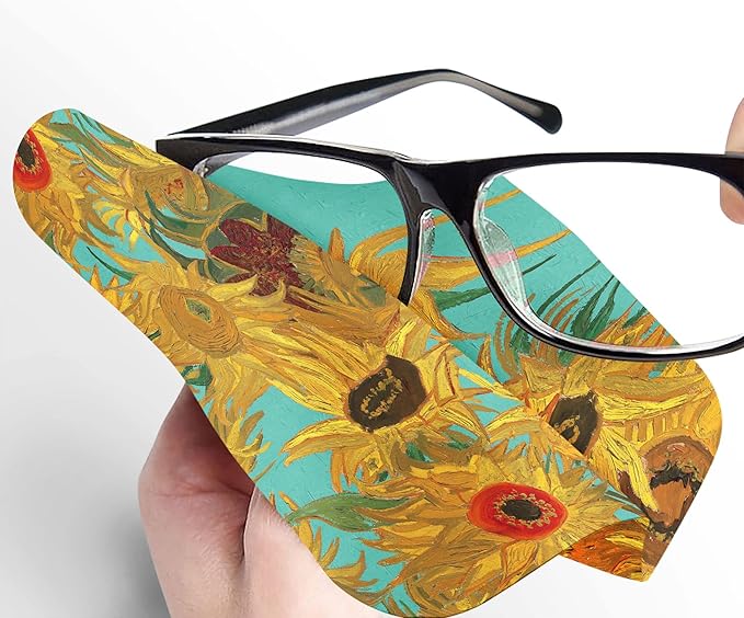 Quality Microfiber Lens Cleaning Cloth - 6”x6” - for Eyeglasses, Sunglasses, Phones, Screens, Blue-Light Glasses, Monitors - Fine Art Design - Van Gogh Sunflowers
