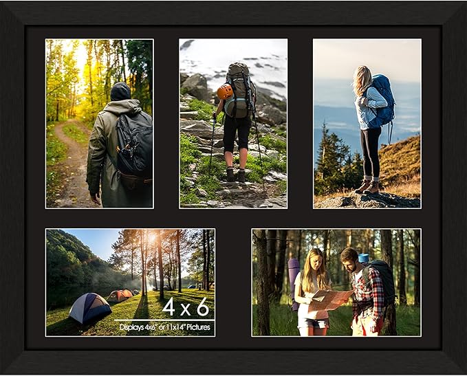 4"x6" Wood Photo Collage Frame 5 Openings, 11"x14" Multi Picture Frame Collage Wall Decor, Brushed Black Frame with Black Mat, Solid Pine Wood