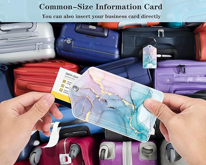 (Set of 2) Luggage Tag Leather Privacy Cover ID Label Address Card with Stainless Steel Loop, Travel Bag Tags Suitcase Labels, Powder Blue