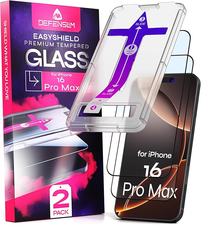 Defenslim Screen Protector for iPhone 16 Pro Max (2Pack), Easy Auto-Align Install Kit, 6.9" Tempered Glass, 9H Hardness, Ultra HD Clear, Case Friendly, EasyShield